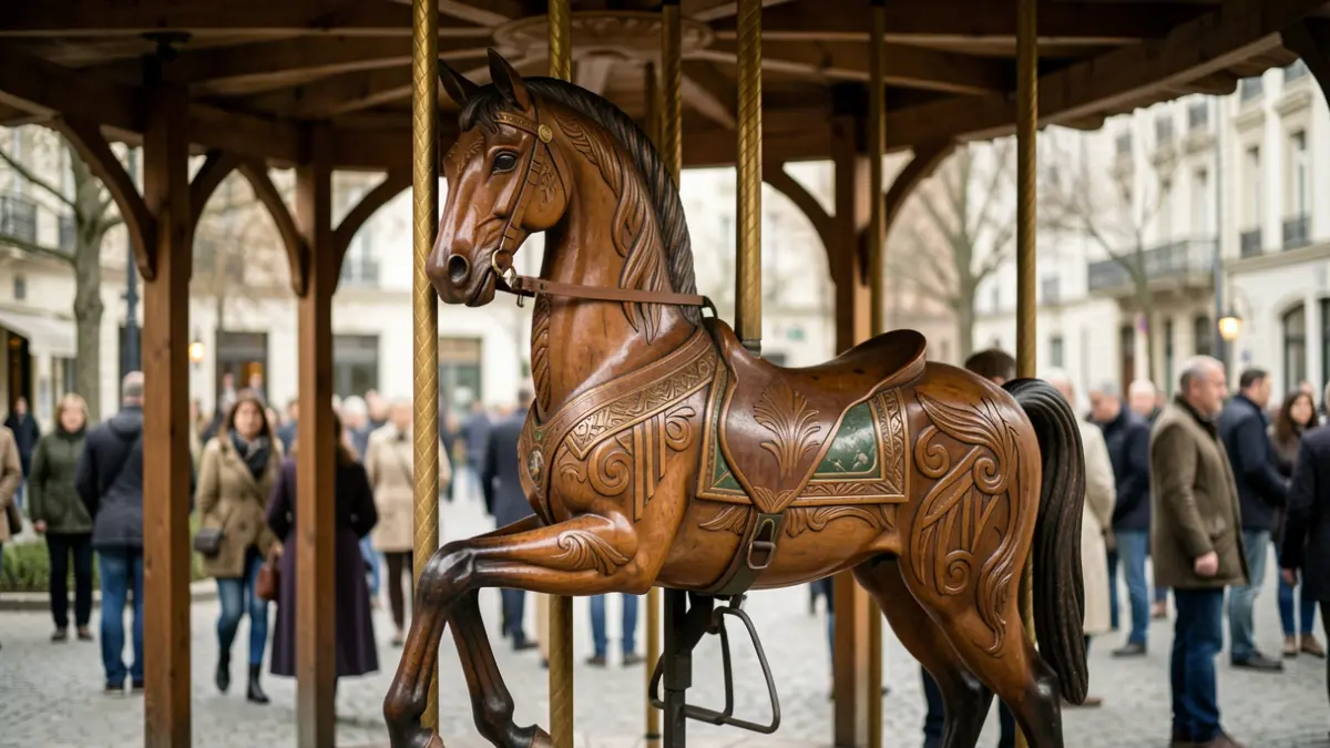 A vintage wooden carousel horse with art deco details.