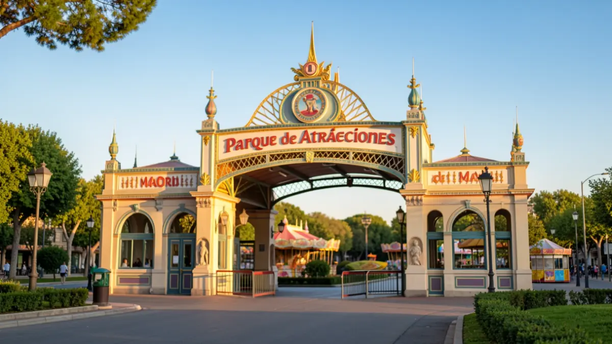 Main entrance of the Parque de Atracciones de Madrid with distinctive architecture and afternoon light.