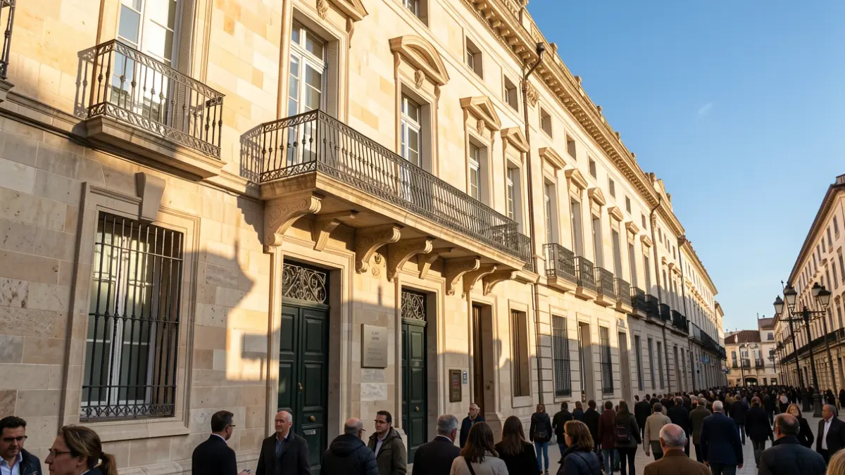 Facade of a town hall in the Community of Madrid with an iron balcony, afternoon sunlight.