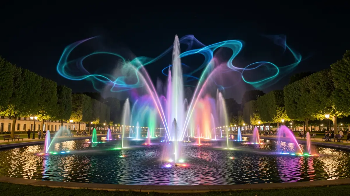 Espectáculo de agua, luz y sonido en un parque por la noche.