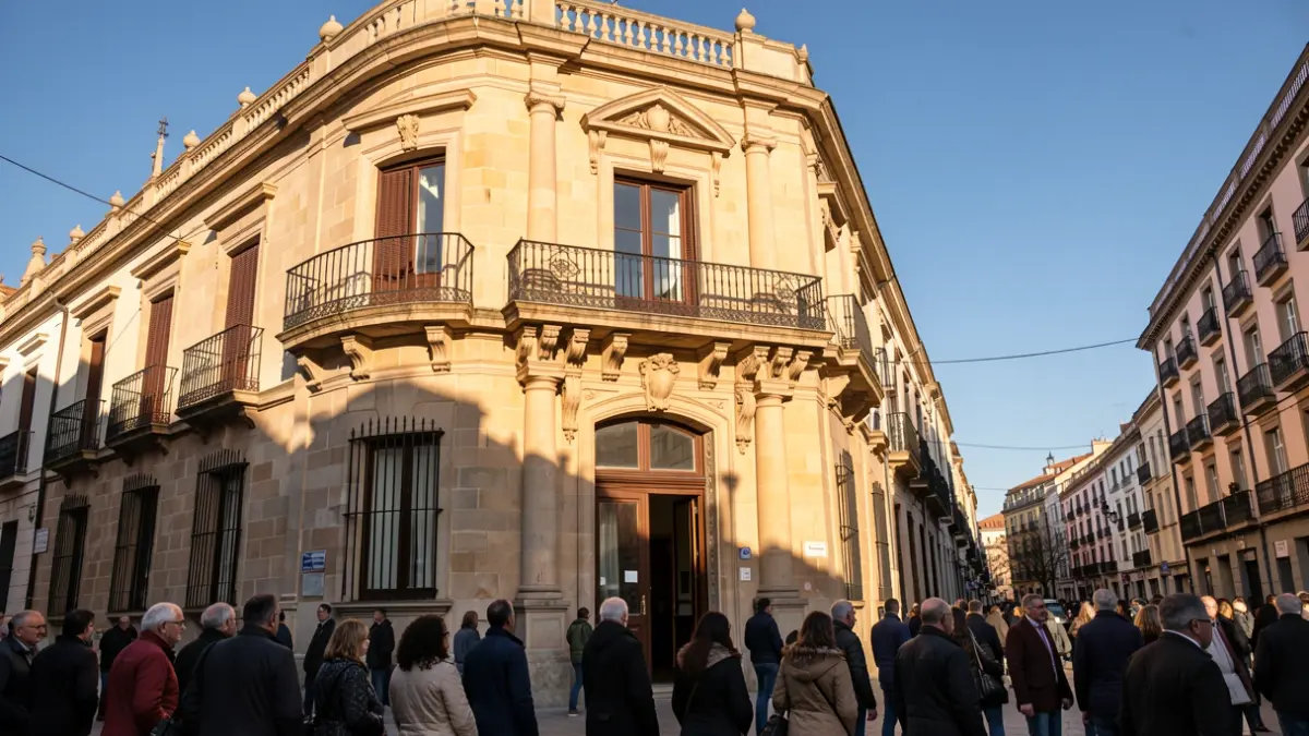 Facade of a traditional Madrid town hall with a balcony and iron railings, under the afternoon sunlight.