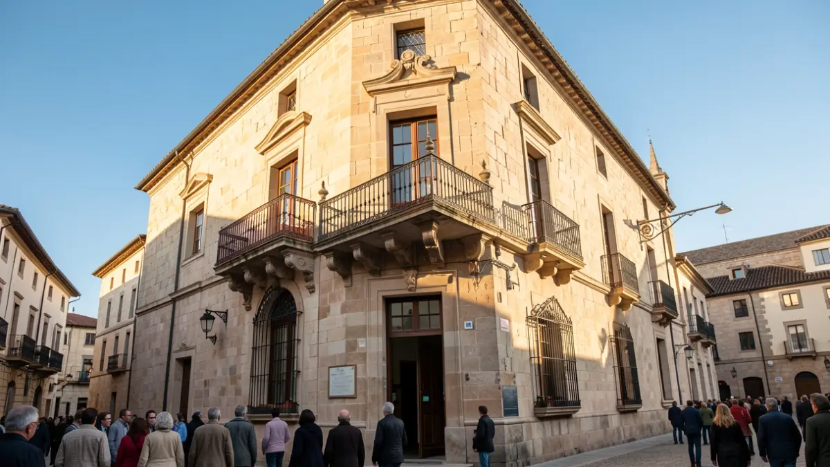 Stone facade of a town hall with a balcony and iron railings, warm afternoon light.