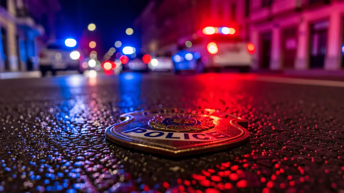 Generic image of police emergency lights reflecting on wet asphalt.