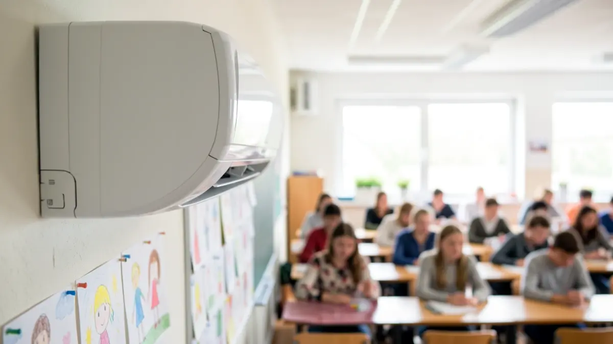 Unidad de aire acondicionado en un aula escolar.