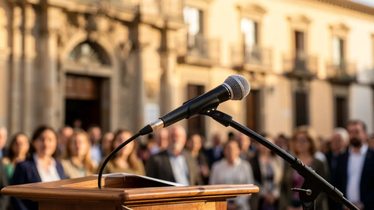 Generic image of a microphone on a podium in a town hall.
