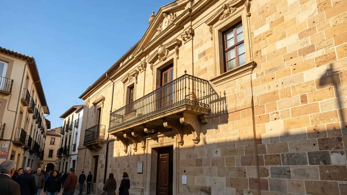 Fachada de un ayuntamiento de piedra con balcón y barandillas de hierro, luz de sol de la tarde.