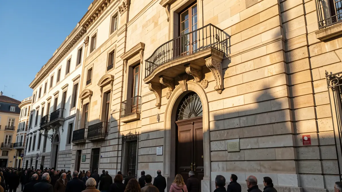 Stone facade of a Madrid town hall with ornate balcony and iron railings, warm afternoon sunlight casting shadows on the sandstone walls, blue sky.
