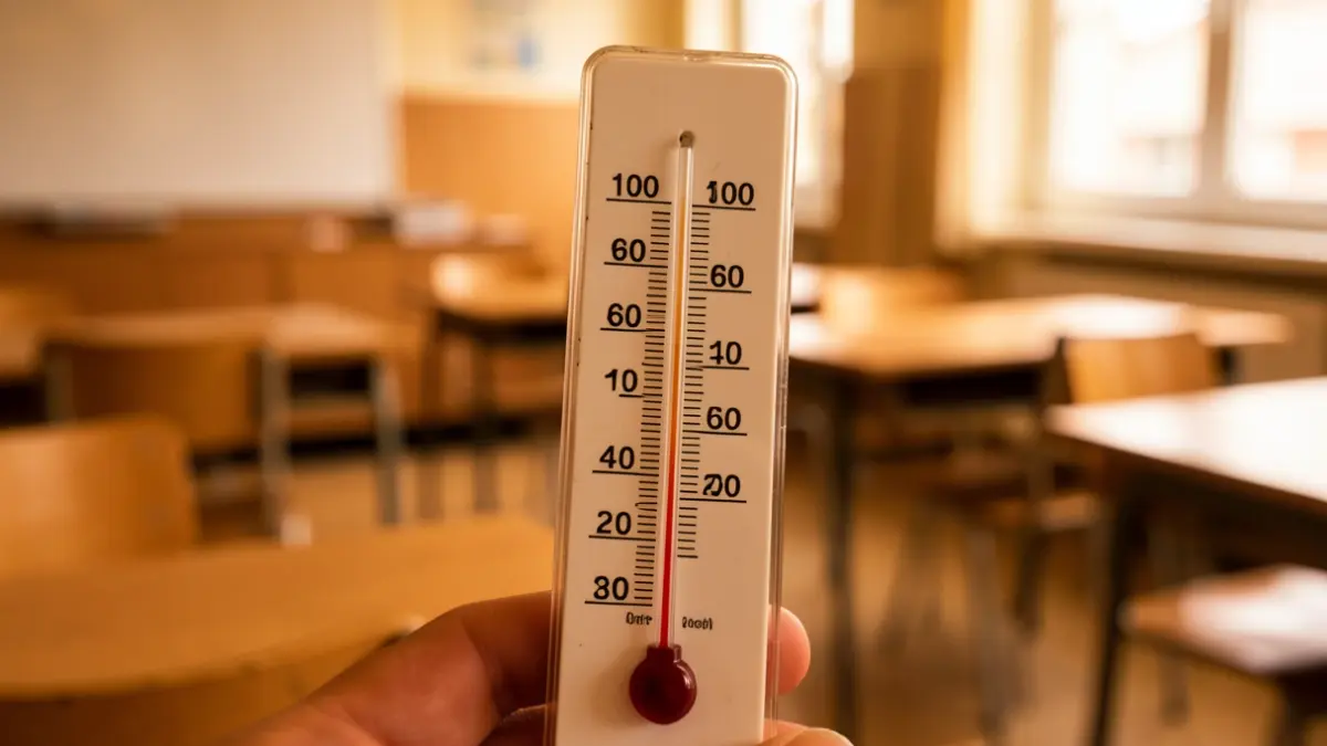 Termómetro marcando alta temperatura en un entorno escolar.