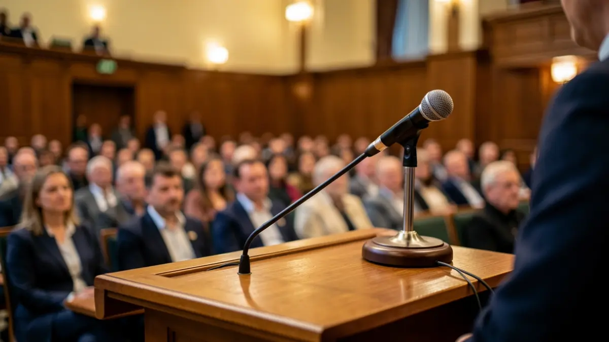 Generic image of a podium with a microphone in a council chamber.