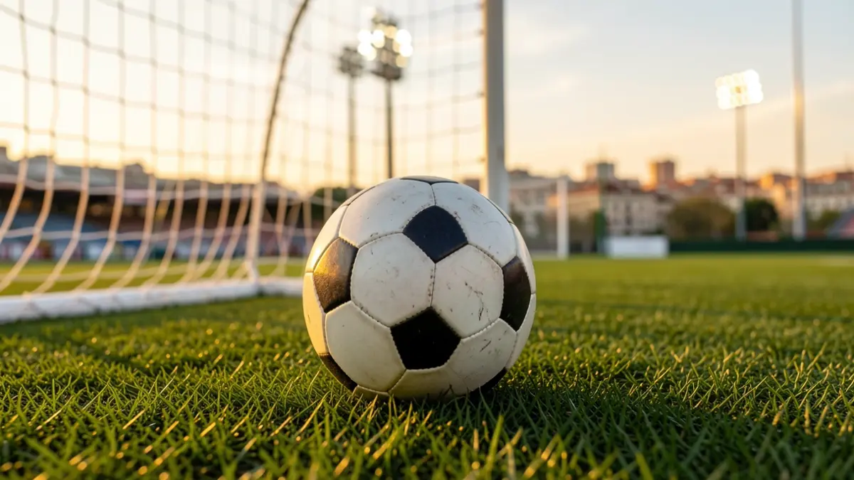 Generic image of a soccer ball on grass with a blurred goal net in the background.