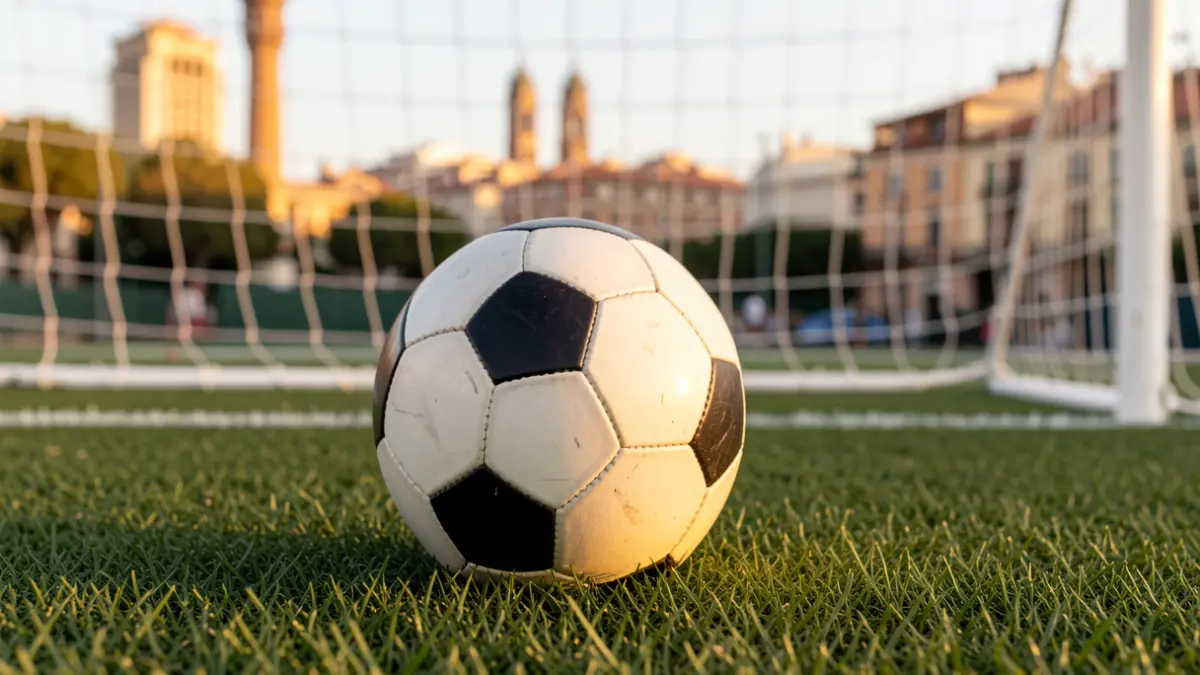 Primer plano de un balón de fútbol sobre césped recién cortado, con la red de la portería desenfocada al fondo y luz dorada.