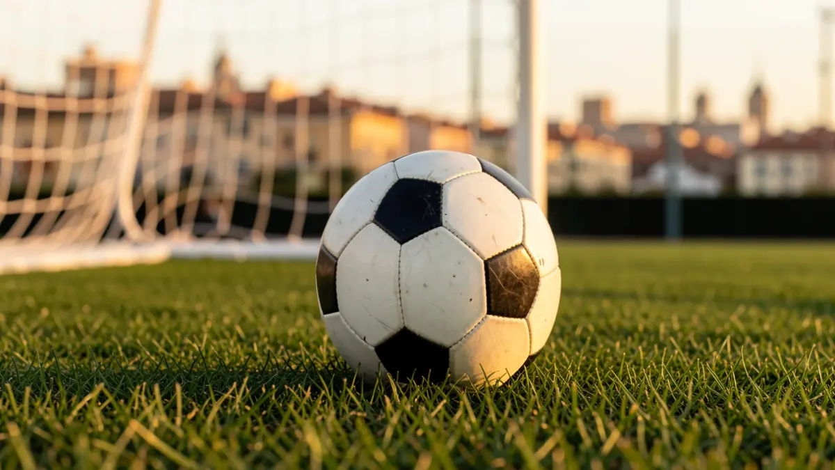 Generic image of a soccer ball on grass with the goal blurred.