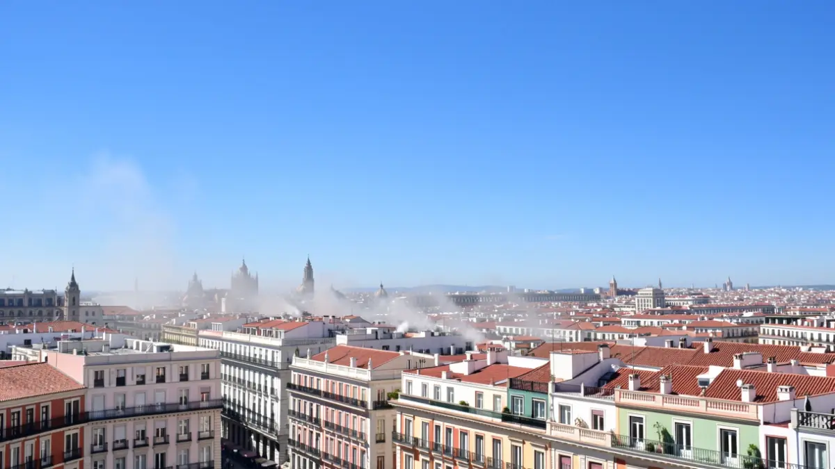 Cielo despejado sobre la ciudad de Madrid con sol brillante.