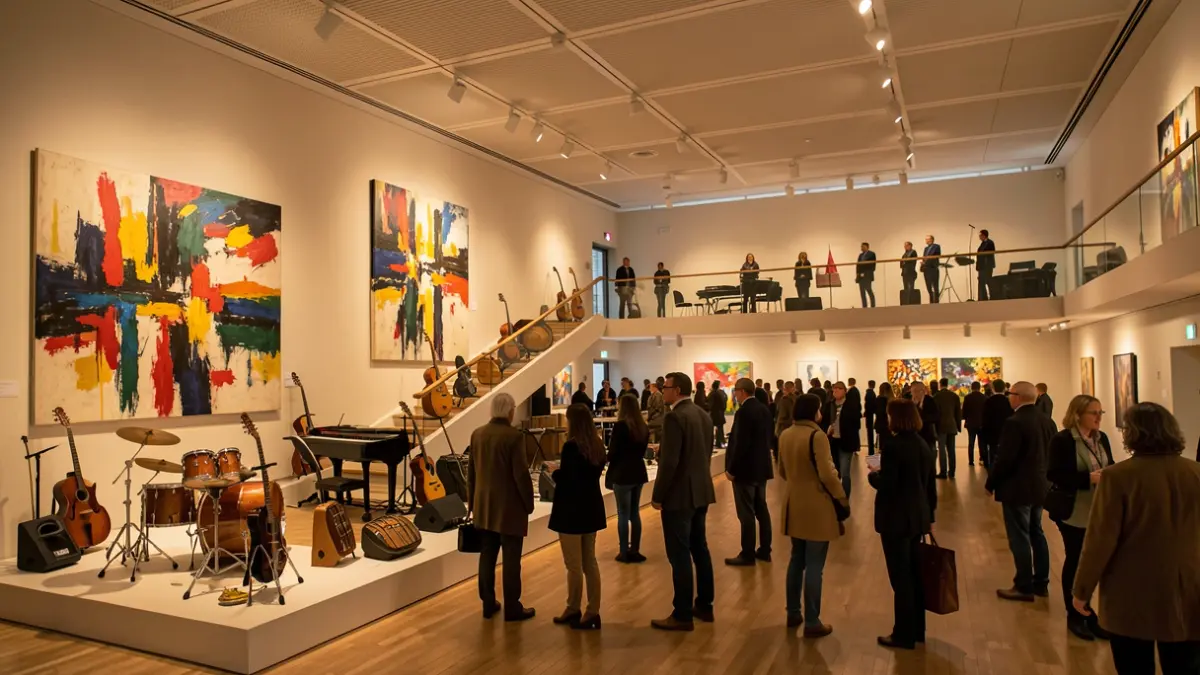 Exhibition 'Una parada en Madrid' at the Silo de Hortaleza featuring paintings and intervened instruments.