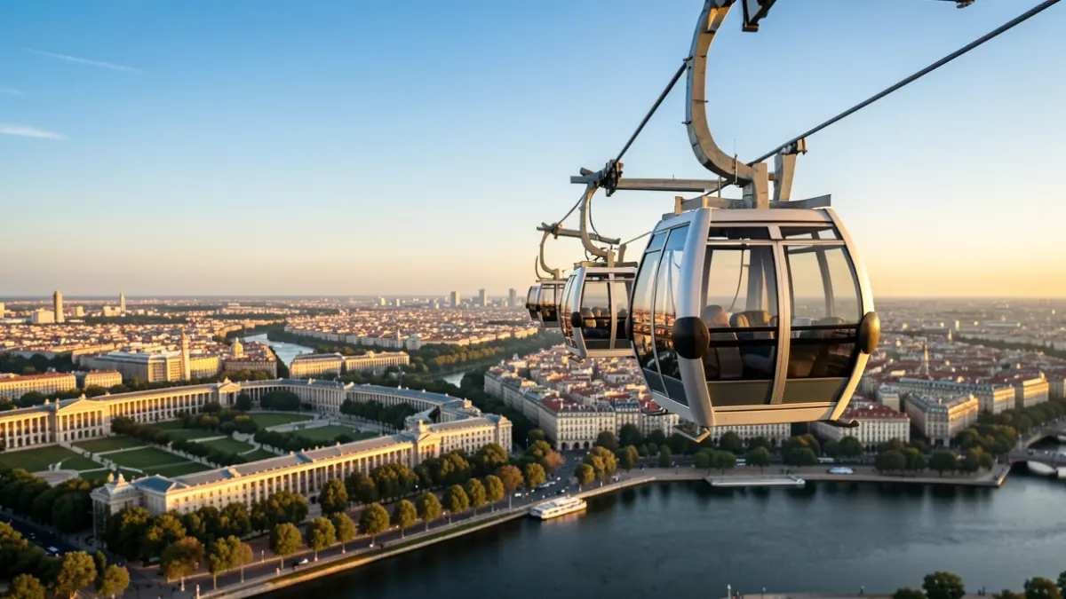 Imagen del Teleférico de Madrid con sus nuevas cabinas panorámicas sobrevolando la ciudad hacia la Casa de Campo.