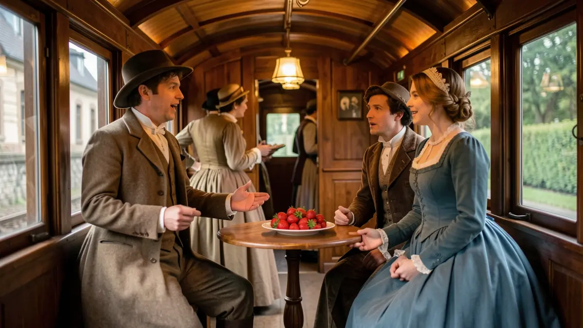 Interior of an old wooden carriage of the Strawberry Train with actors performing a theatrical scene and strawberries on a table.