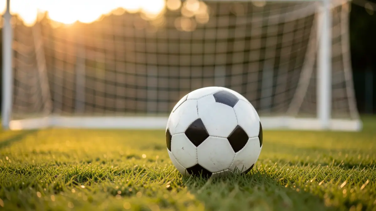 Generic image of a football on the grass with the goal blurred in the background.