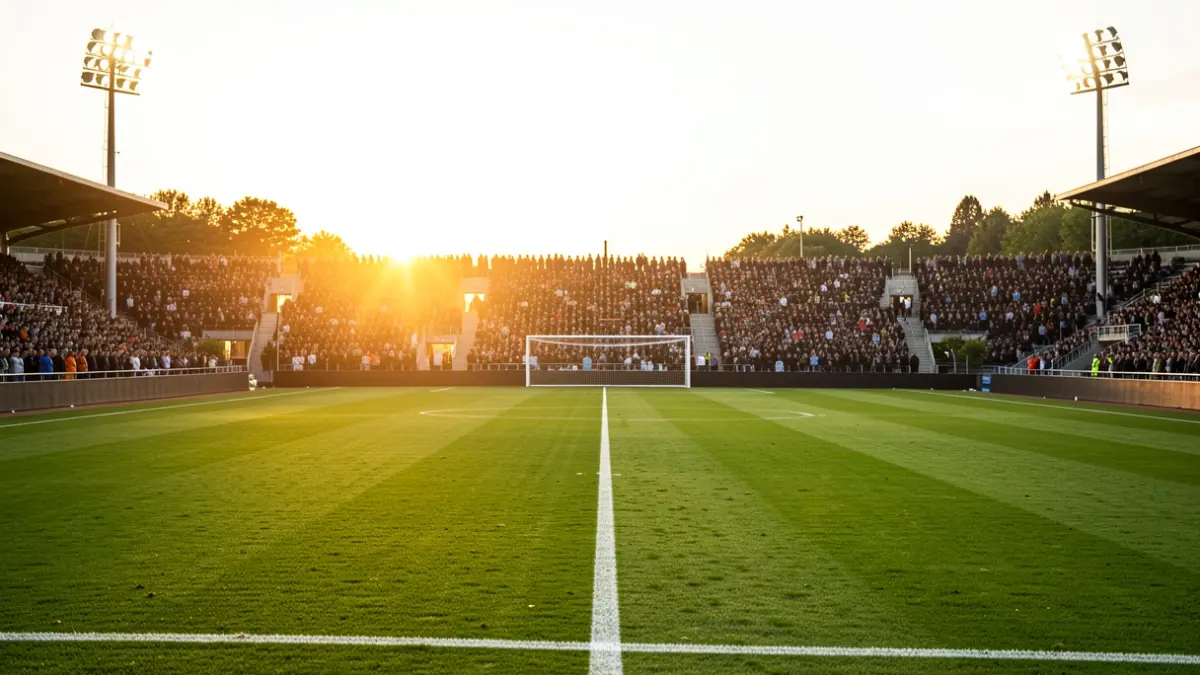 Imagen genérica de un campo de fútbol al atardecer con luces de estadio.