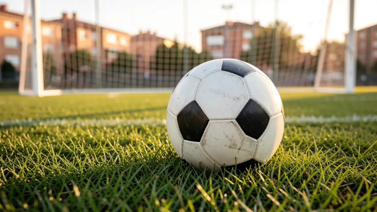 Imagen genérica de un balón de fútbol sobre césped con la portería difuminada al atardecer.