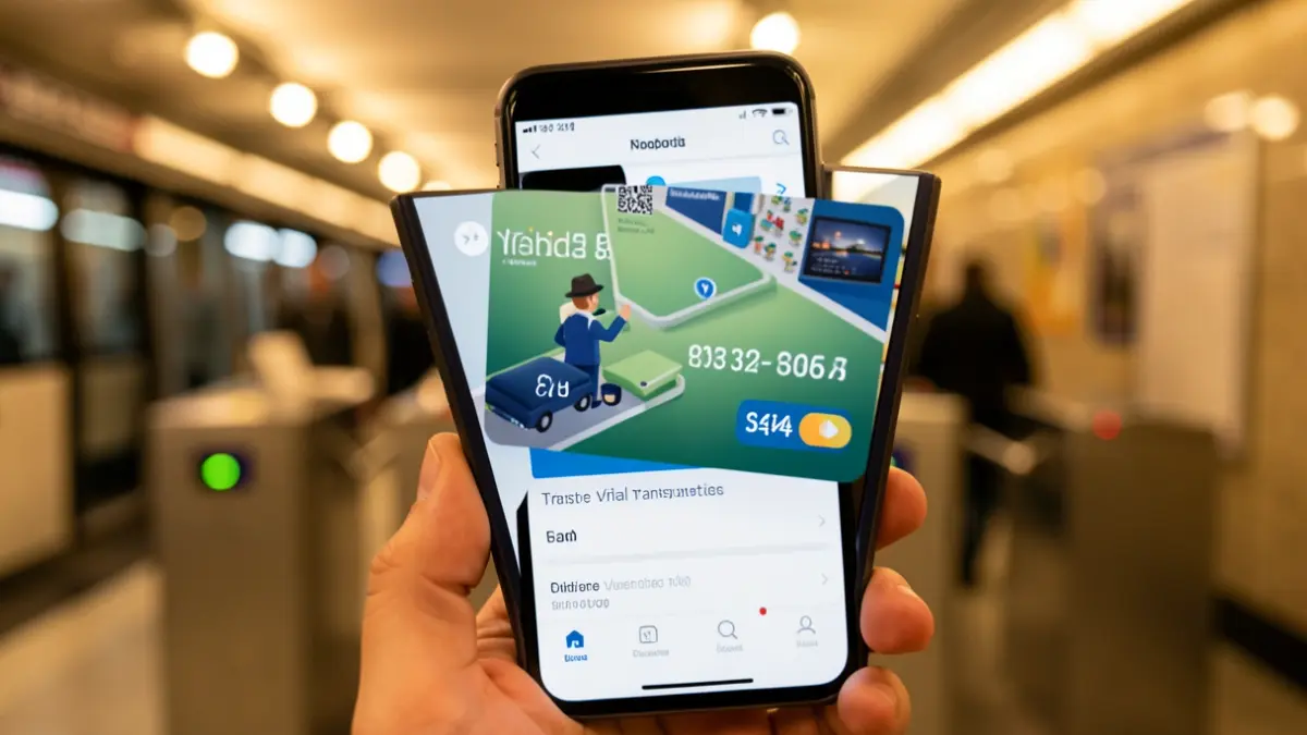 Imagen de un teléfono móvil mostrando una tarjeta de transporte virtual en una estación de metro de Madrid.