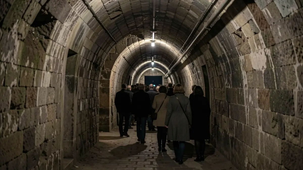 Imagen de un túnel subterráneo histórico y poco iluminado.