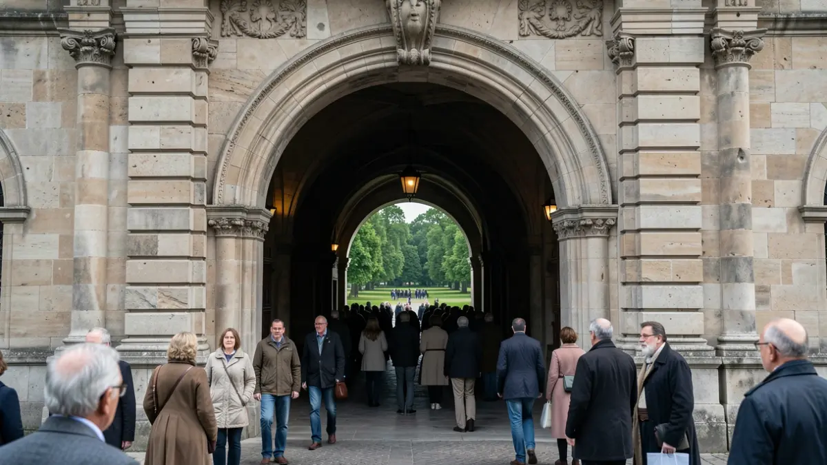 Entrada a un túnel histórico con arquitectura ornamentada y luz tenue al fondo.