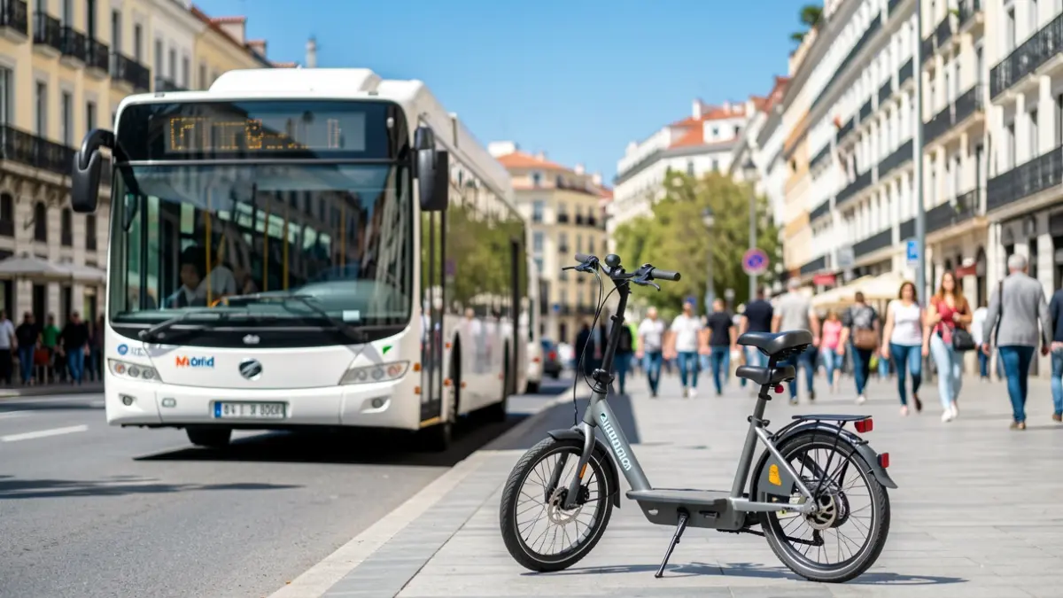 Generic image of an EMT Madrid bus and a Bicimad bicycle in the city.