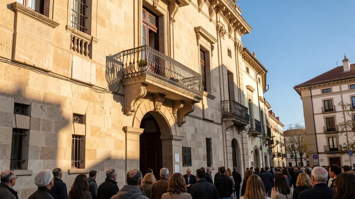 Facade of a town hall in the Community of Madrid with a balcony and iron railings, warm afternoon light.