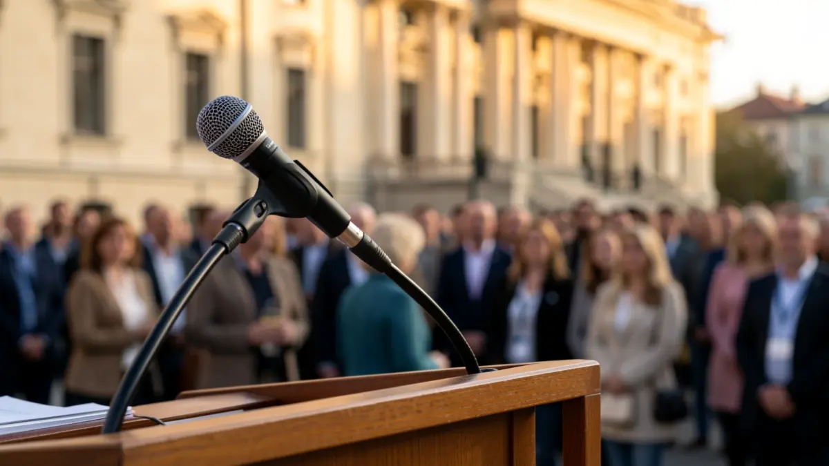 Generic image of a microphone on a podium with an institutional building in the background.