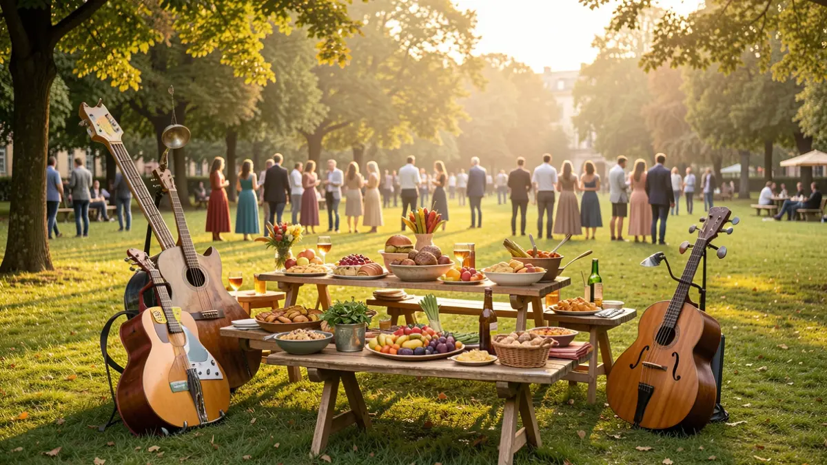 Generic image of an artistic park festival with banquet and music elements.