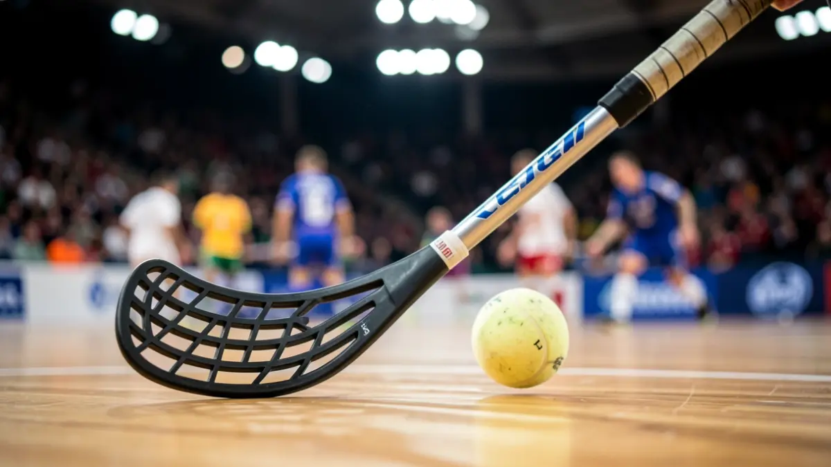 Close-up of a floorball stick and ball on a wooden court.