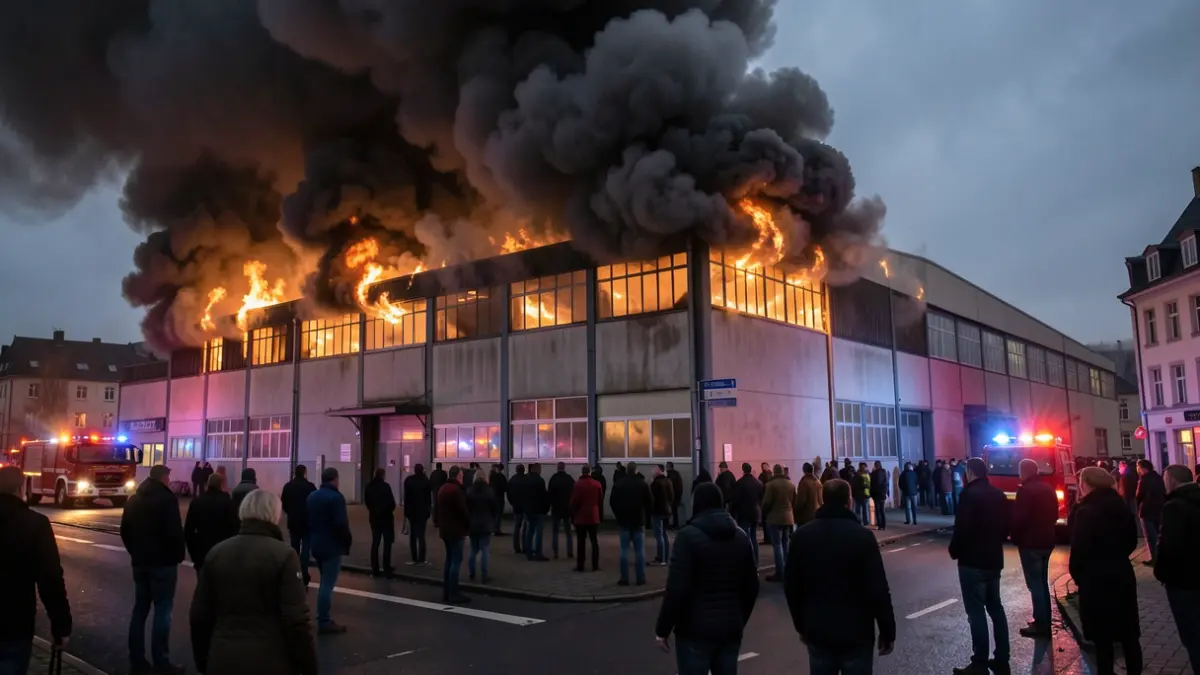 Imagen de una nave industrial en llamas con gran columna de humo negro en Madrid.
