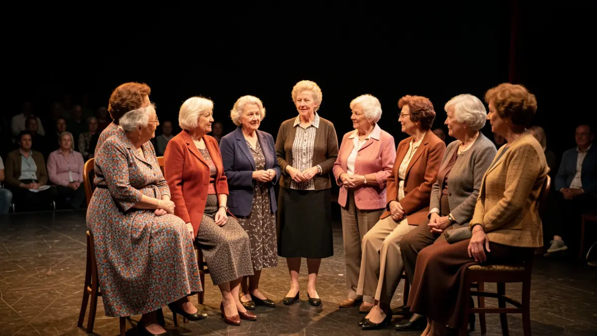 A group of elderly women on a theater stage.