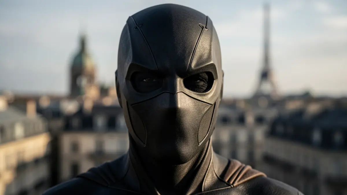 Generic image of a superhero mask with a city skyline in the background.