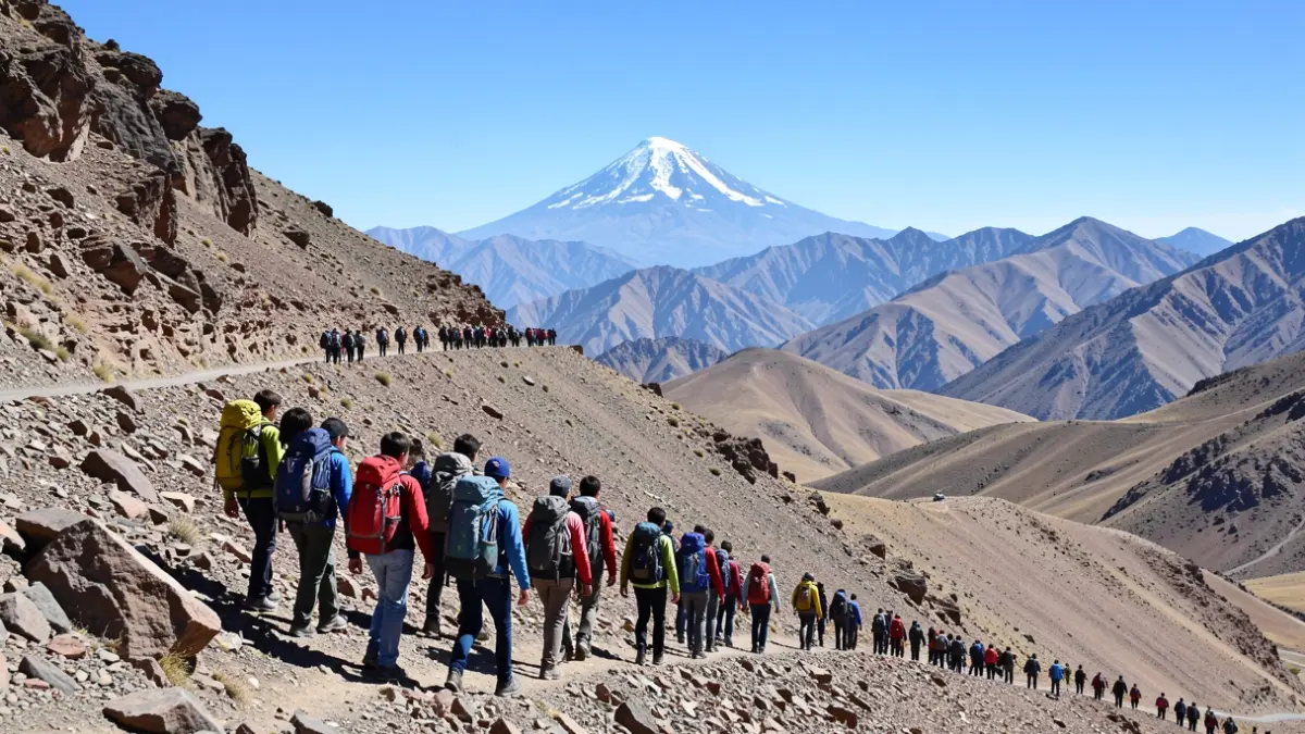 Grupo de jóvenes excursionistas ascendiendo una montaña rocosa en el Atlas de Marruecos.