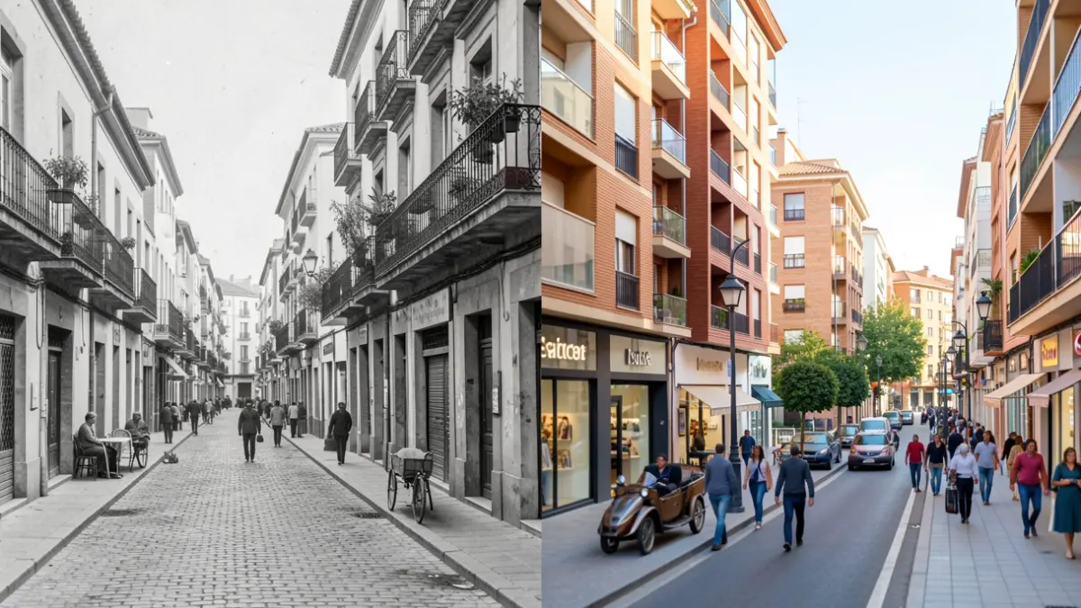 Imagen dividida que muestra la transformación urbana de Leganés, comparando el pasado con el presente.
