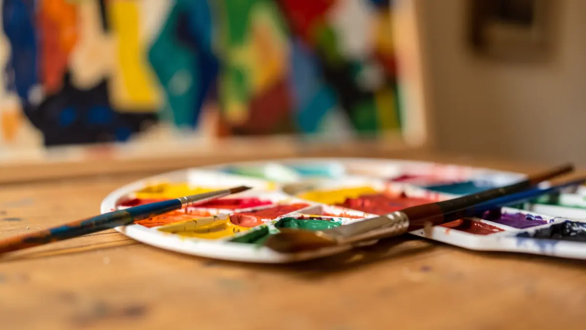 Primer plano de un pincel y paleta con colores vibrantes sobre una mesa de madera, con arte abstracto desenfocado al fondo.