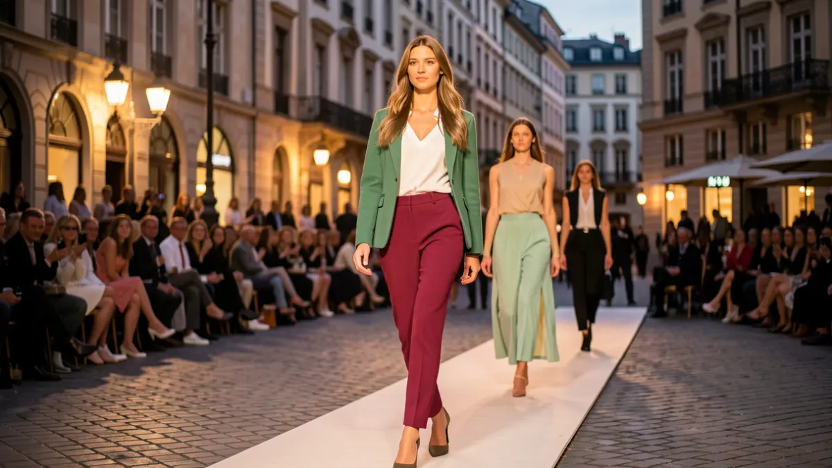Fashion runway in a public square with attendees and models.