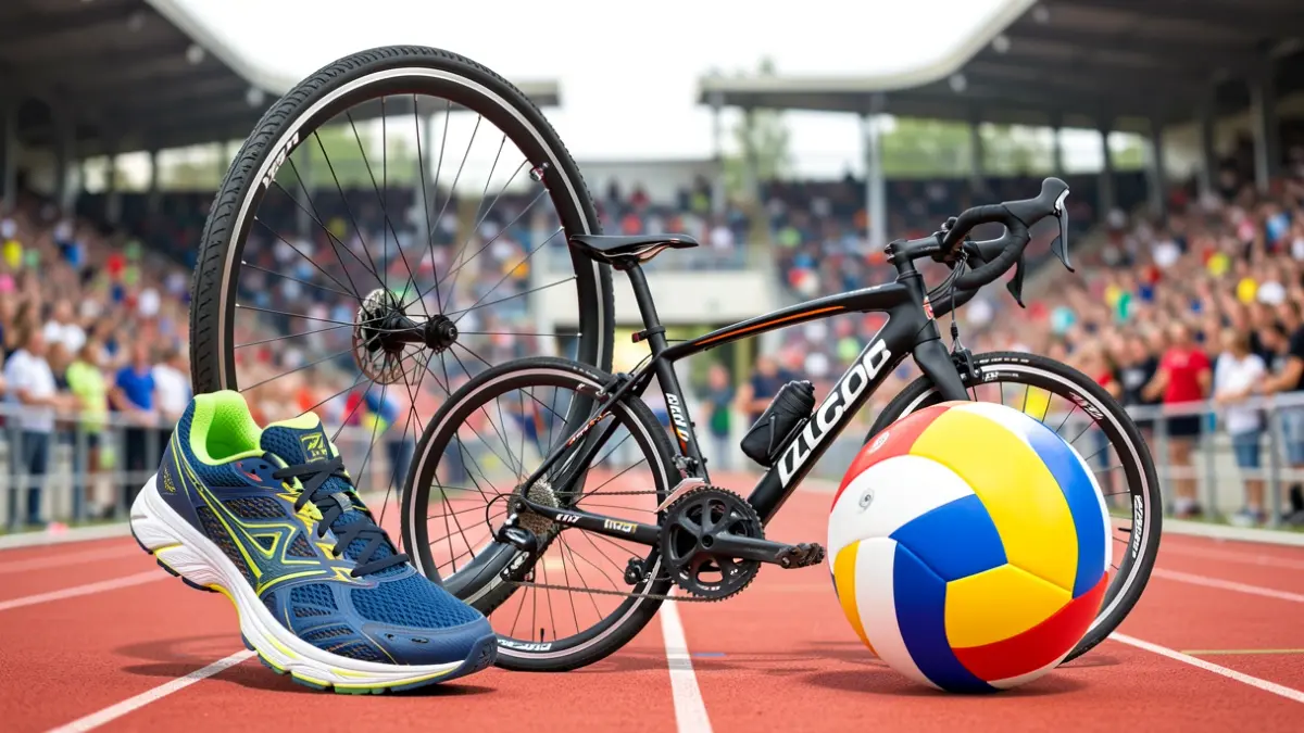 Generic image of various sports equipment: running shoe, bicycle wheel, triathlon bike, and beach volleyball.