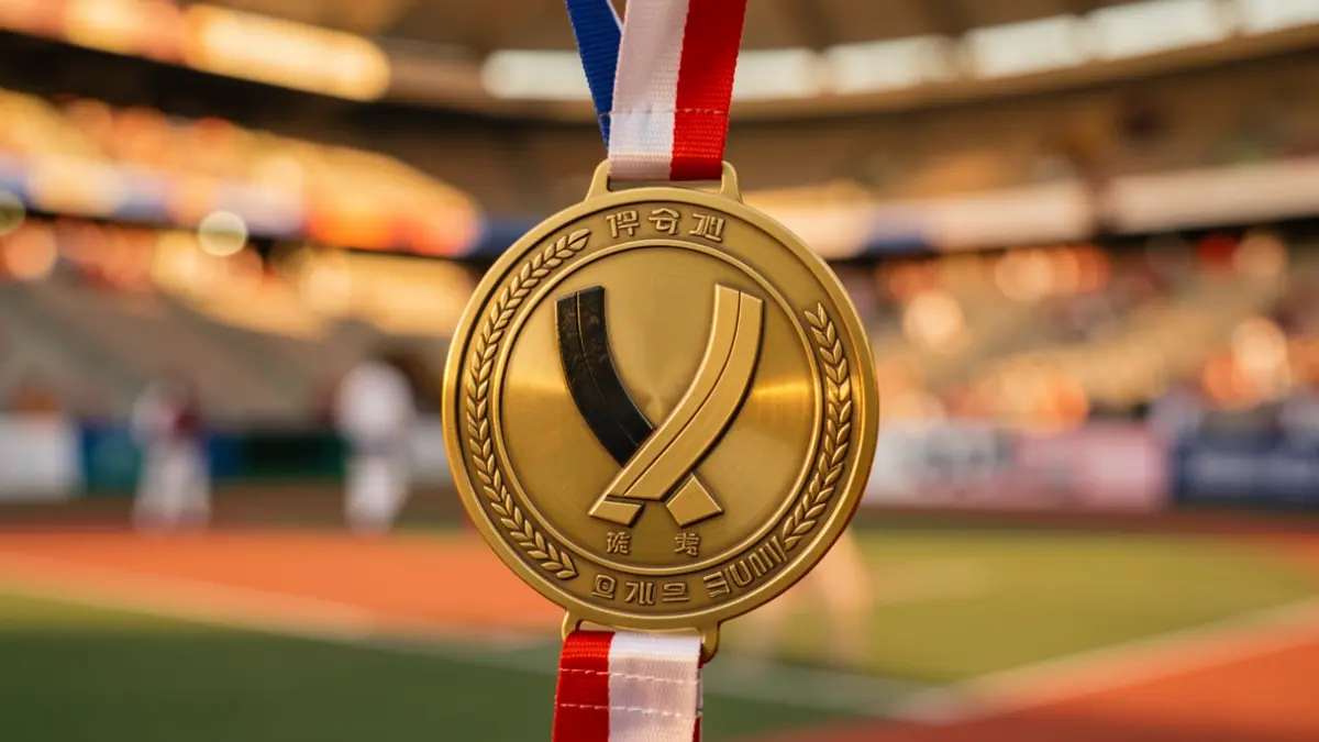 Close-up of a taekwondo medal with a blurred background of a sports arena.