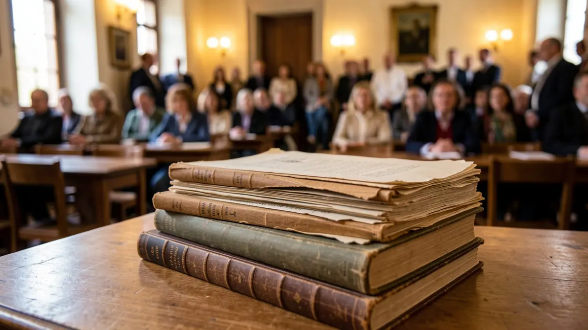Imagen de libros antiguos y documentos históricos sobre una mesa en un aula.