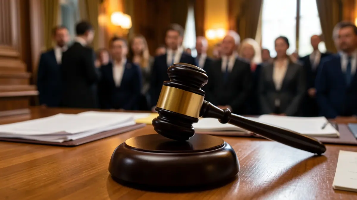 Image of a judge's gavel on a desk with blurred documents.