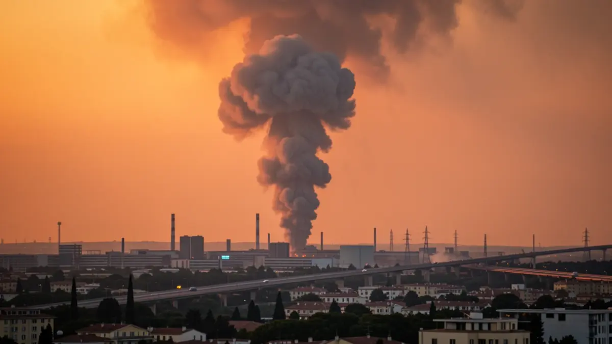 Generic image of a column of smoke from an urban fire at dusk.