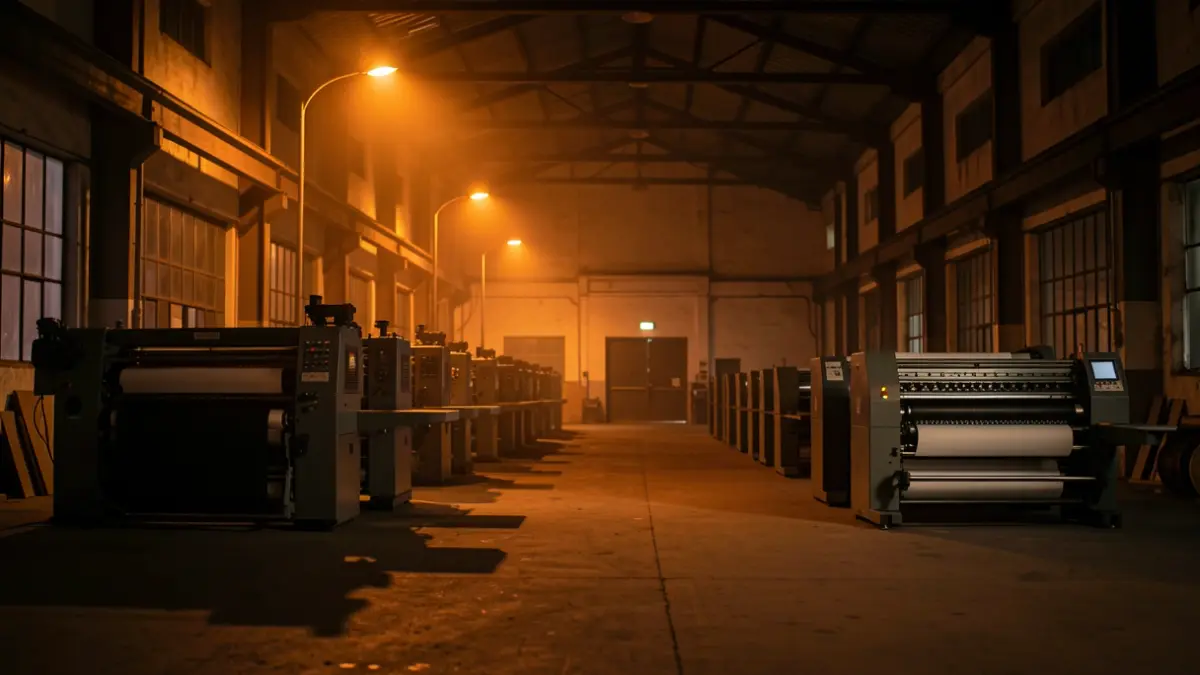 Generic image of a dark industrial warehouse with printing machinery at night.
