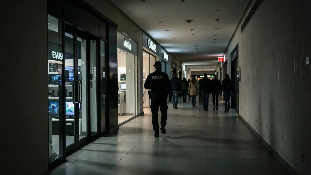 Imagen genérica de un pasillo de centro comercial vacío y oscuro por la noche, con un guardia de seguridad.