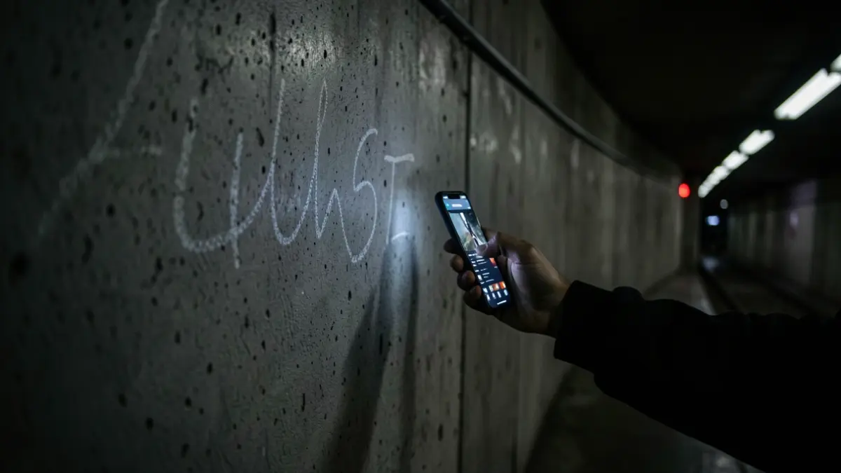Image of a dark subway tunnel in Alcorcón with faint graffiti on the wall illuminated by a mobile phone.