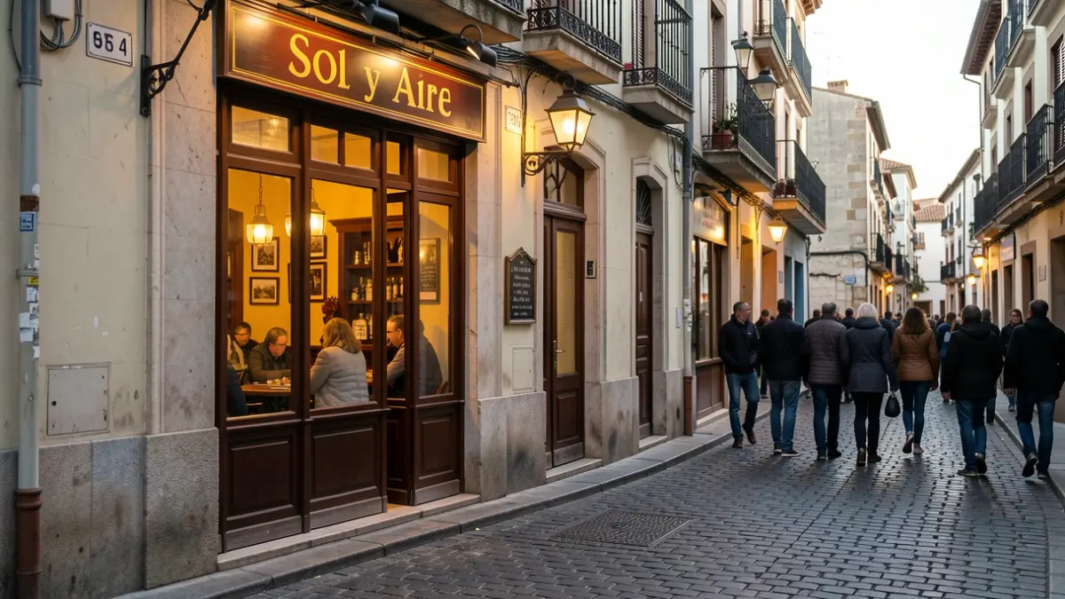 Facade of the 'Sol y Aire' bar in Majadahonda with warm light.