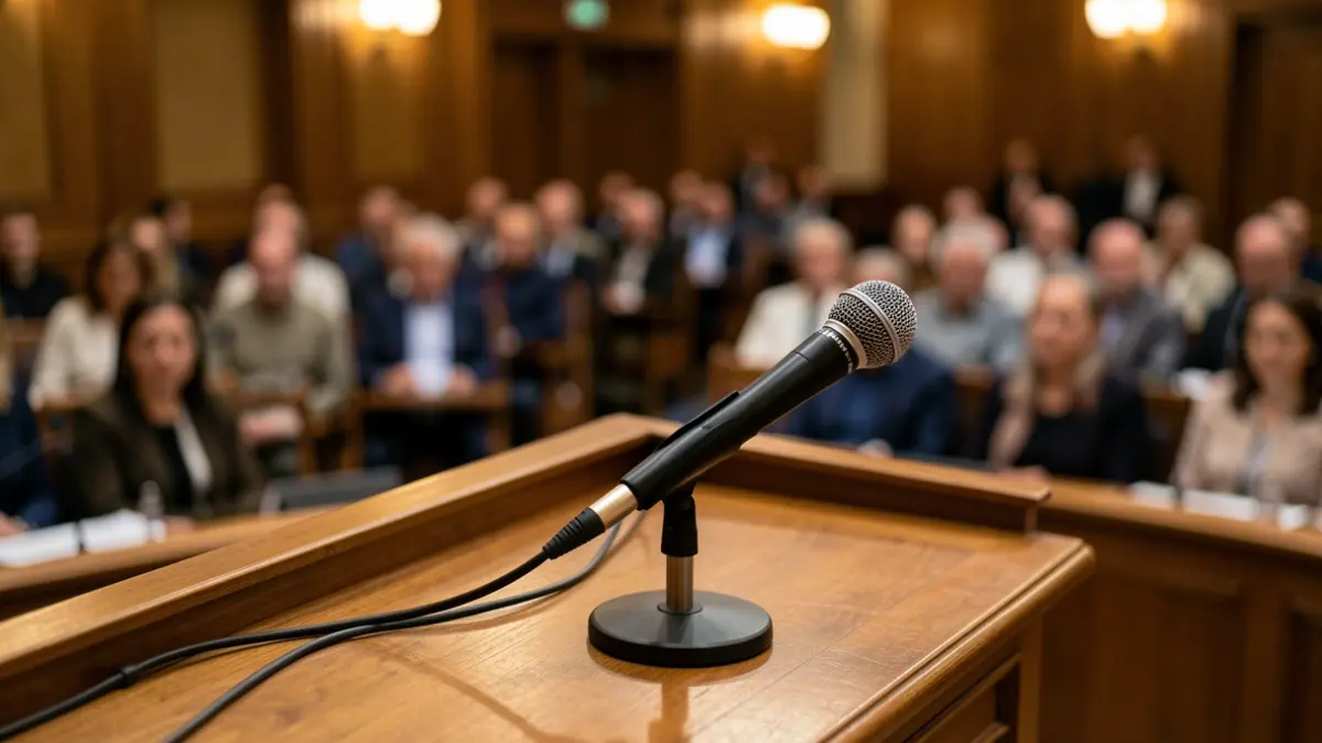 Generic image of a microphone on an empty podium in a council chamber.