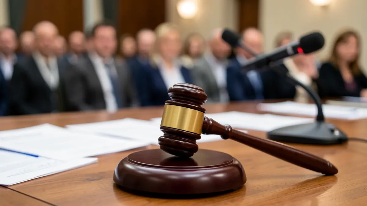 Generic image of a judge's gavel on a desk with documents and a microphone.