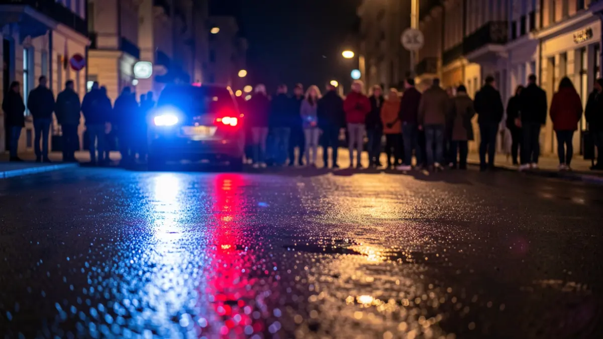 Imagen genérica de luces de emergencia policiales reflejándose en el asfalto mojado por la noche.